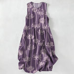 Buddha Stones Summer Casual Lotus Line Art Pattern Women's Summer Sleeveless Midi Dress With Pockets