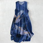 Buddha Stones Summer Casual Flying Crane Wave Pattern Women's Summer Sleeveless Midi Dress With Pockets