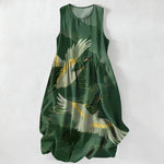 Buddha Stones Summer Casual Flying Crane Wave Pattern Women's Summer Sleeveless Midi Dress With Pockets