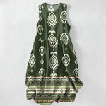 Buddha Stones Summer Casual Tribal Geometric Border Pattern Women's Summer Sleeveless Midi Dress With Pockets