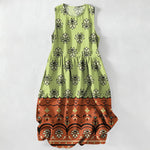 Buddha Stones Summer Casual Mint Floral Border Pattern Women's Summer Sleeveless Midi Dress With Pockets