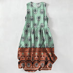 Buddha Stones Summer Casual Mint Floral Border Pattern Women's Summer Sleeveless Midi Dress With Pockets