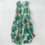 Buddha Stones Summer Casual Green Floral Hearts Pattern Women's Summer Sleeveless Midi Dress With Pockets