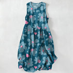 Buddha Stones Summer Casual Green Floral Hearts Pattern Women's Summer Sleeveless Midi Dress With Pockets