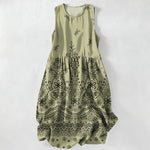 Buddha Stones Summer Casual Bohemian Floral Border Pattern Women's Summer Sleeveless Midi Dress With Pockets