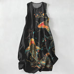 Buddha Stones Summer Casual Koi Fish Floral Wave Pattern Women's Summer Sleeveless Midi Dress With Pockets