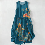 Buddha Stones Summer Casual Koi Fish Floral Wave Pattern Women's Summer Sleeveless Midi Dress With Pockets