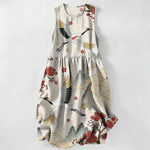 Buddha Stones Summer Casual Crane Plum Blossom Pattern Women's Summer Sleeveless Midi Dress With Pockets