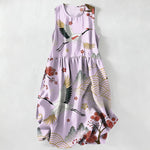 Buddha Stones Summer Casual Crane Plum Blossom Pattern Women's Summer Sleeveless Midi Dress With Pockets