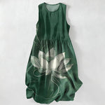 Buddha Stones Summer Casual Lotus Bloom Pattern Women's Summer Sleeveless Midi Dress With Pockets