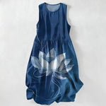 Buddha Stones Summer Casual Lotus Bloom Pattern Women's Summer Sleeveless Midi Dress With Pockets