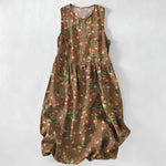 Buddha Stones Summer Casual Vintage Floral Leaves Pattern Women's Summer Sleeveless Midi Dress With Pockets