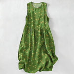 Buddha Stones Summer Casual Vintage Floral Leaves Pattern Women's Summer Sleeveless Midi Dress With Pockets
