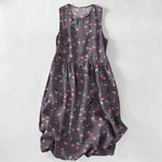 Buddha Stones Summer Casual Vintage Floral Leaves Pattern Women's Summer Sleeveless Midi Dress With Pockets