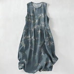Buddha Stones Summer Casual Bamboo Leaves Pattern Women's Summer Sleeveless Midi Dress With Pockets
