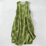 Buddha Stones Summer Casual Botanical Leaves Pattern Women's Summer Sleeveless Midi Dress With Pockets