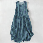 Buddha Stones Summer Casual Botanical Leaves Pattern Women's Summer Sleeveless Midi Dress With Pockets
