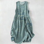 Buddha Stones Summer Casual Seigaiha Floral Pattern Women's Summer Sleeveless Midi Dress With Pockets