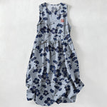 Buddha Stones Summer Casual Indigo Floral Leaves Pattern Women's Summer Sleeveless Midi Dress With Pockets