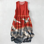 Buddha Stones Summer Casual Crane Waves Pattern Women's Summer Sleeveless Midi Dress With Pockets