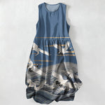 Buddha Stones Summer Casual Crane Waves Pattern Women's Summer Sleeveless Midi Dress With Pockets