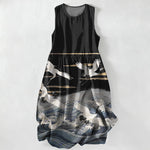 Buddha Stones Summer Casual Crane Waves Pattern Women's Summer Sleeveless Midi Dress With Pockets