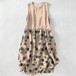 Buddha Stones Summer Casual Purple Floral Leaves Pattern Women's Summer Sleeveless Midi Dress With Pockets