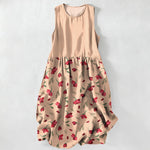 Buddha Stones Summer Casual Red Floral Vine Pattern Women's Summer Sleeveless Midi Dress With Pockets