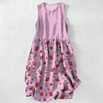 Buddha Stones Summer Casual Red Floral Vine Pattern Women's Summer Sleeveless Midi Dress With Pockets
