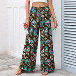 Buddha Stones Cotton Linen Bohemian Paisley Pattern Women's Elastic Waist Wide Leg Pants With Pockets