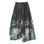 Buddha Stones Cotton Linen Lotus Bloom Pattern Women's Elastic Waist Wide Leg Pants With Pockets
