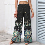 Buddha Stones Cotton Linen Lotus Bloom Pattern Women's Elastic Waist Wide Leg Pants With Pockets