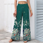 Buddha Stones Cotton Linen Lotus Bloom Pattern Women's Elastic Waist Wide Leg Pants With Pockets