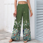 Buddha Stones Cotton Linen Lotus Bloom Pattern Women's Elastic Waist Wide Leg Pants With Pockets
