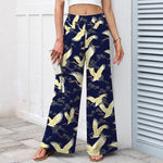 Buddha Stones Cotton Linen Gold Crane Pattern Women's Elastic Waist Wide Leg Pants With Pockets