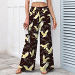 Buddha Stones Cotton Linen Gold Crane Pattern Women's Elastic Waist Wide Leg Pants With Pockets