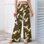 Buddha Stones Cotton Linen Gold Crane Pattern Women's Elastic Waist Wide Leg Pants With Pockets