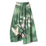 Buddha Stones Cotton Linen Crane White Floral Pattern Women's Elastic Waist Wide Leg Pants With Pockets
