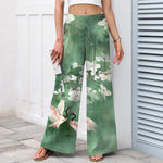 Buddha Stones Cotton Linen Crane White Floral Pattern Women's Elastic Waist Wide Leg Pants With Pockets