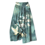 Buddha Stones Cotton Linen Crane White Floral Pattern Women's Elastic Waist Wide Leg Pants With Pockets
