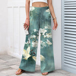 Buddha Stones Cotton Linen Crane White Floral Pattern Women's Elastic Waist Wide Leg Pants With Pockets