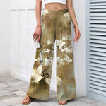 Buddha Stones Cotton Linen Crane White Floral Pattern Women's Elastic Waist Wide Leg Pants With Pockets