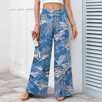 Buddha Stones Cotton Linen Japanese Wave Pattern Women's Elastic Waist Wide Leg Pants With Pockets