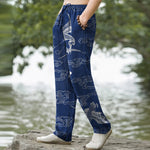 Buddha Stones Cotton White Crane Auspicious Cloud Pattern Men's Tapered Pants With Pockets