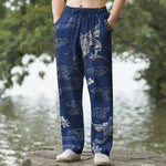 Buddha Stones Cotton White Crane Auspicious Cloud Pattern Men's Tapered Pants With Pockets