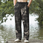 Buddha Stones Cotton White Crane Auspicious Cloud Pattern Men's Tapered Pants With Pockets