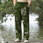 Buddha Stones Cotton White Crane Auspicious Cloud Pattern Men's Tapered Pants With Pockets