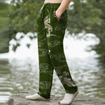 Buddha Stones Cotton White Crane Auspicious Cloud Pattern Men's Tapered Pants With Pockets