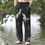 Buddha Stones Cotton Crane Cloud And Ocean Wave Pattern Men's Tapered Pants With Pockets