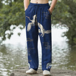 Buddha Stones Cotton Crane Cloud And Ocean Wave Pattern Men's Tapered Pants With Pockets